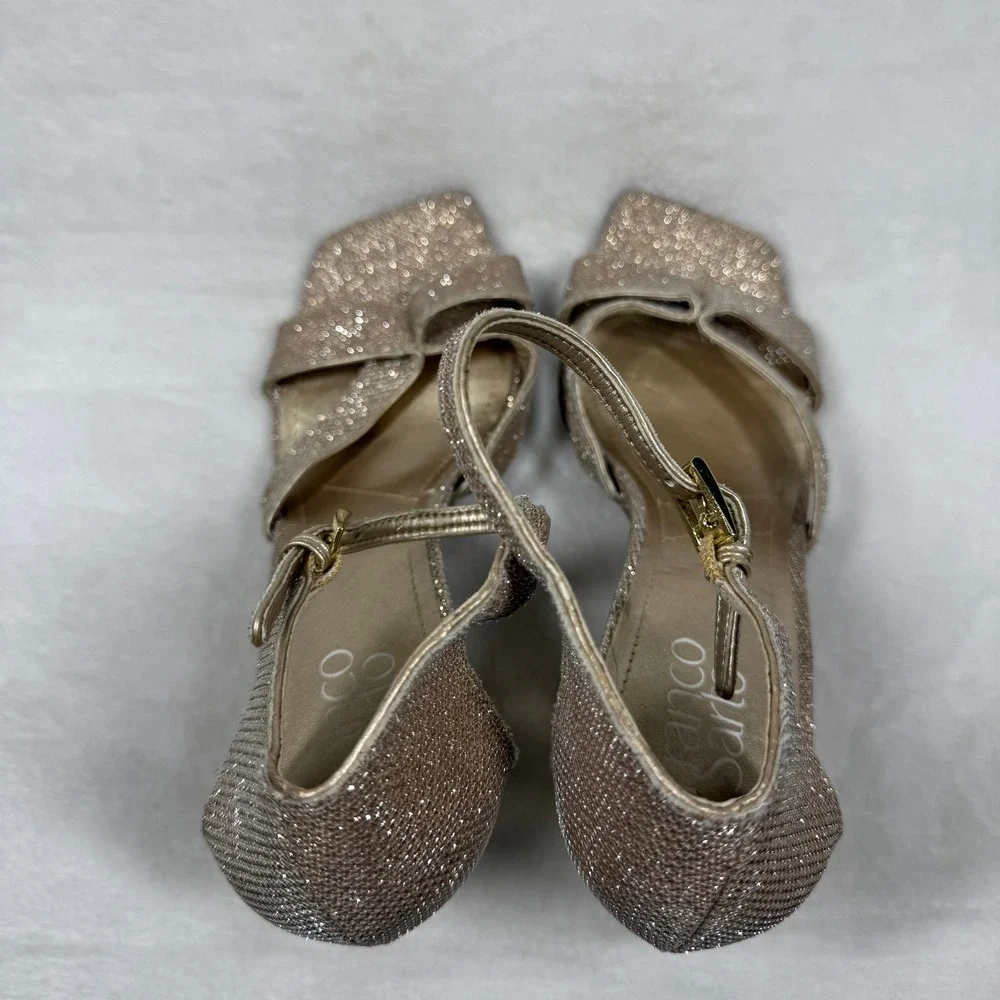 Franco Sarto Rania 2 Champagne Gold Glitter Square Toe‎ Heeled Sandals 8.5M